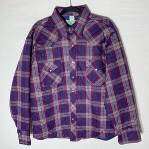 Vintage MWG Red Blue Plaid Western Insulated  Quilted Pearl Snap Chore Coat L